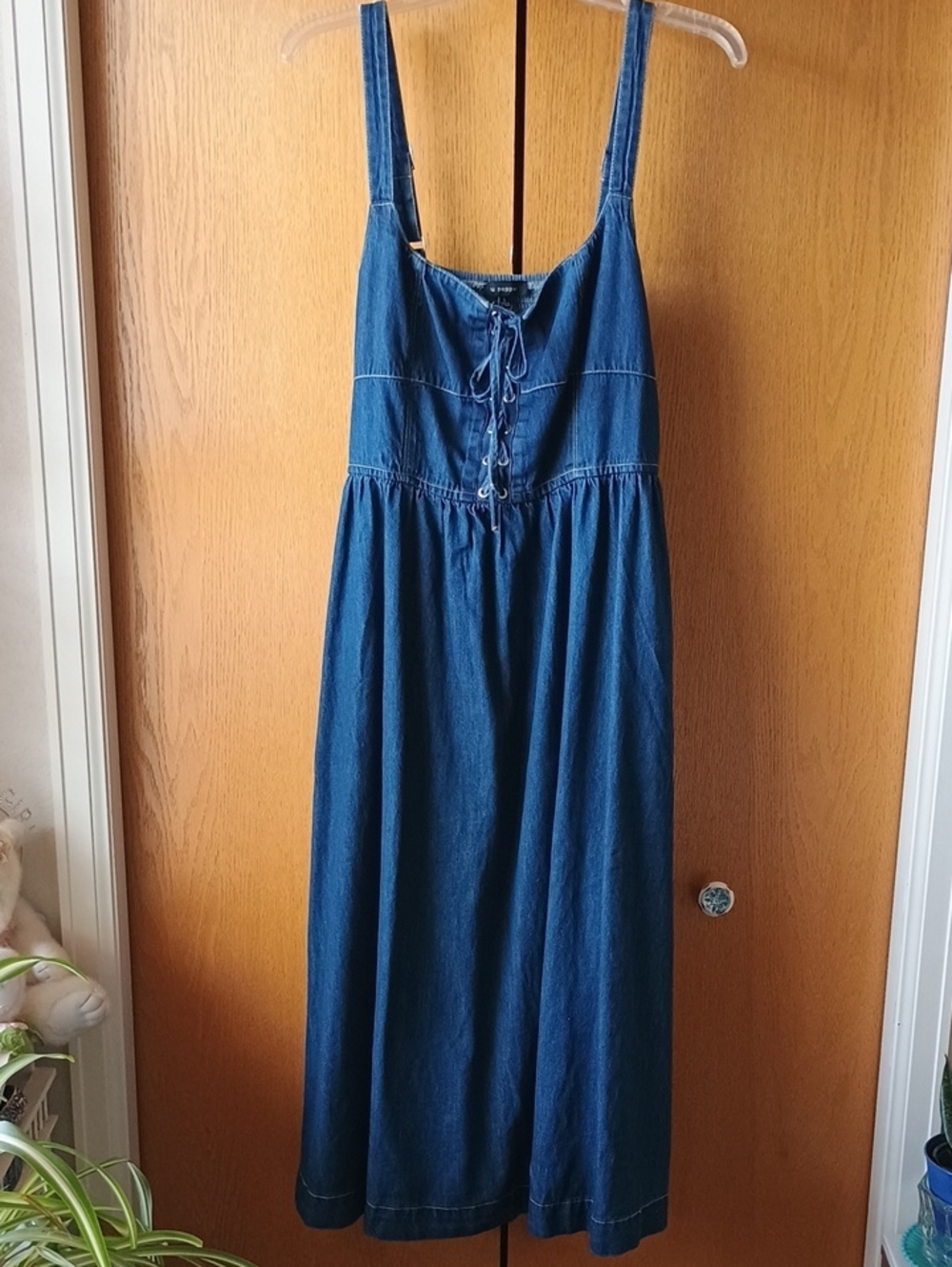 Blu Pepper Blue Denim Lace-Up Midi Dress Size Large, Never Worn